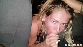 Sloppy couple tongue and handjob in car with deepthroat