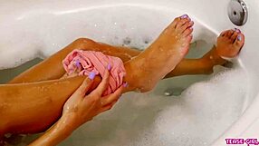 super hot college student in bath interview, showing off on sofa during casting