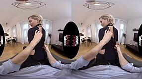 Virtual reality porn with a taboo theme featuring a shaved pussy babe