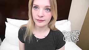 Blonde newcomer chats innocently on sofa during interview