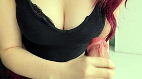 Busty girl jerks huge dildo