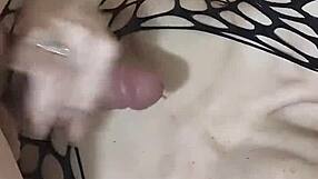 Filling the fishnet lingerie with cum from big cock!