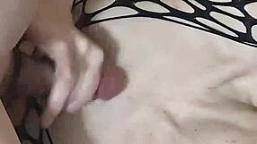 Filling the fishnet lingerie with cum from big cock!