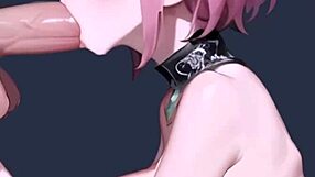sakura-like pink-haired anime girl gives sloppy deepthroat to huge hairy cock