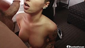 Watch this kinky tattooed brunette deepthroat a cock in her thong and heels?