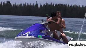 Pretty teen coeds foursome on speedboat