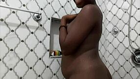 Slim thick ebony girl showers, nearly slips in big squeeze with Mastermeat1