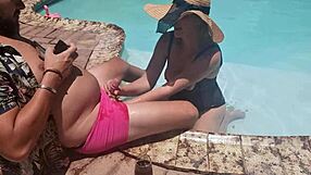 Blonde gives random guy a steamy pool blowjob on holiday