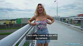 Public agent flashes tits and ass on bridge, then fucks stranger 😈