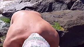 Hot shemale in panties at the beach, gay fun at its best