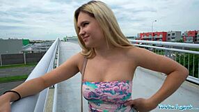 Public agent flashes tits and ass on bridge, then fucks stranger 😈