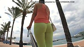 camel-toe visible in public leggings and bra flashing