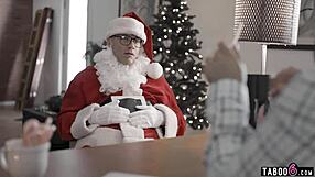 Santa intensely fucks petite brunette teen beauty at his boss's home with hardcore blowjob and fucking