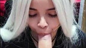 Young blonde gives big cock blowjob while being upside down