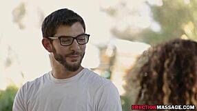 Brunette masseuse rides young guy's monster cock outdoors
