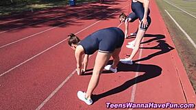 athletic lesbian teens at party in spandex, oral and masturbation