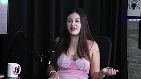 Andriza Haack in sheer red lingerie talks about being a slut good at blowjobs and favorite cum ways.