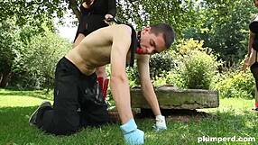 Two evil women with big boobs dominate a submissive gardener in a hardcore group scene