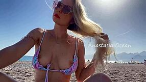 Sexy Blonde Shows Breasts and Tight Ass on Public Beach