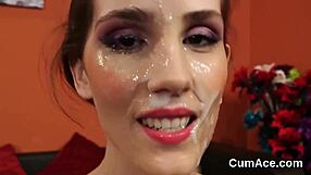 Wacky model swallows every drop of cumshot on her face after blowbang.