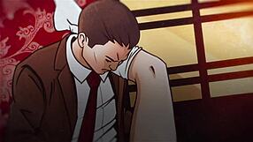 Blonde secretary explores wild vaginal insertion in comic style.