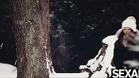 Beautiful couple enjoys passionate sex on a cold winter day