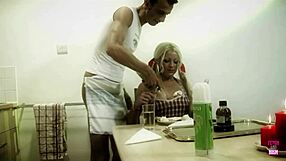 Blonde bimbo licks and sucks dick in kitchen heels stockings. Bent over for missionary cowgirl riding until cumshot.