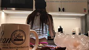 young wife bends over in tight leggings while voyeur watches.