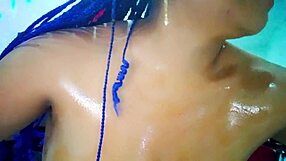 Skinny busty girl gets oiled tits and buttocks at massage