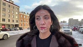 18-year-old slut gets cum on face in public for cash