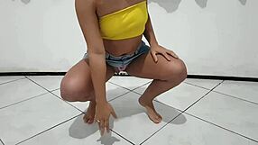 Blonde married woman seduces young guy with jeans skirt twerking, he fucks her pussy and makes her cum by sucking clit.