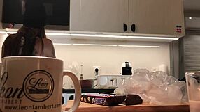 young wife bends over in tight leggings while voyeur watches.