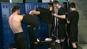 Naughty guy sucking three in locker room orgy