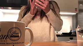 young wife bends over in tight leggings while voyeur watches.