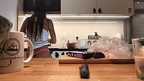 young wife bends over in tight leggings while voyeur watches.