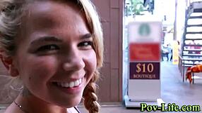 Blonde teen gargles cum from monster cock in pov interracial scene