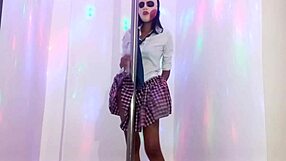 skinny brunette student dances on pole for teacher on halloween