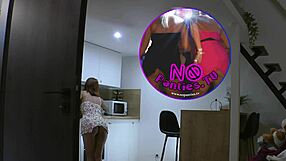 Redhead Latina wife flashes big ass and pussy in kitchen dress