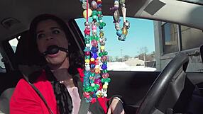 ball gagged slut flashing in public