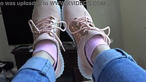 Kristy’s fresh sneakers spark wild close-up fetish foot play