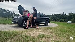 Big tits housewife gets it hard in public garden