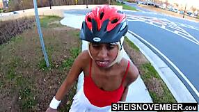 Skinny Ebony Babe Rides Bicycle with Public Upskirt Booty Exposed Outdoors