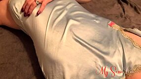 Blue nighty solo masturbation in the living room with toys on shaved pussy.