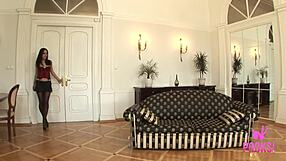 Valeria, the hot brunette in corset, sucks and licks two dicks to extract all cum