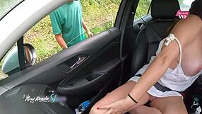 wanna ride with us? go ahead, touch my wife's big tits!