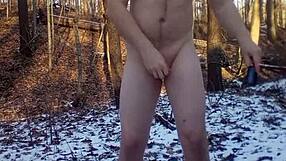 Solo man pleasures himself outdoors and ejaculates