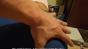A farm girl in blue leggins has sex near the stove