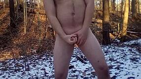 Solo man pleasures himself outdoors and ejaculates