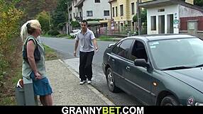 Guy slams old blonde granny in wild pickup scene