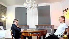 Sexy mature teacher seduces young man into steamy classroom affair